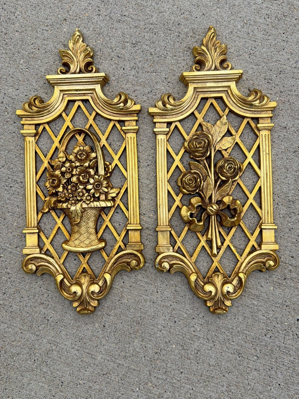Vintage Dart Industries Gold Lattice Wall Plaques Set of 2 MCM Hollywood Regency